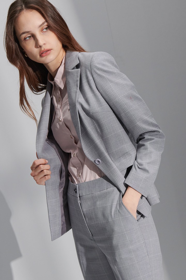 SST&C Women'S Light Gray Check Pattern Square Collar Suit Jacket | 7162207003  (Outlet)_1