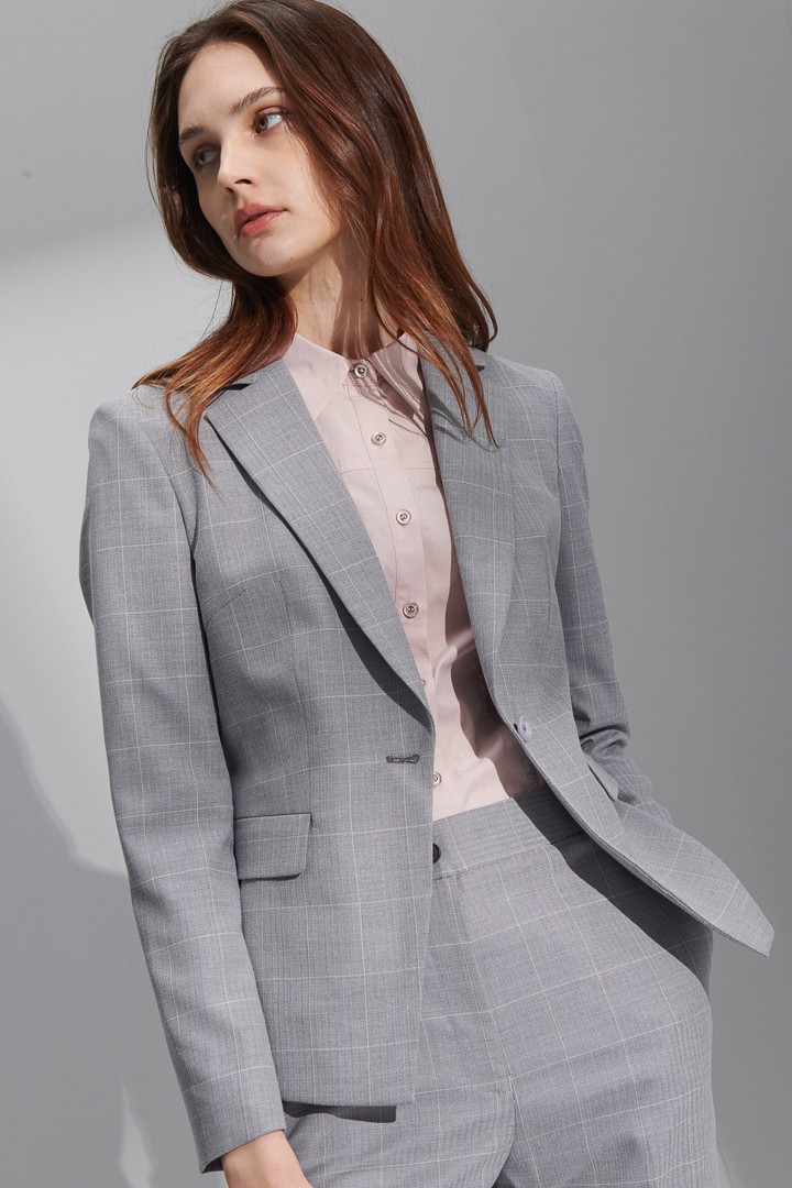SST&C Women'S Light Gray Check Pattern Square Collar Suit Jacket | 7162207003  (Outlet)_2
