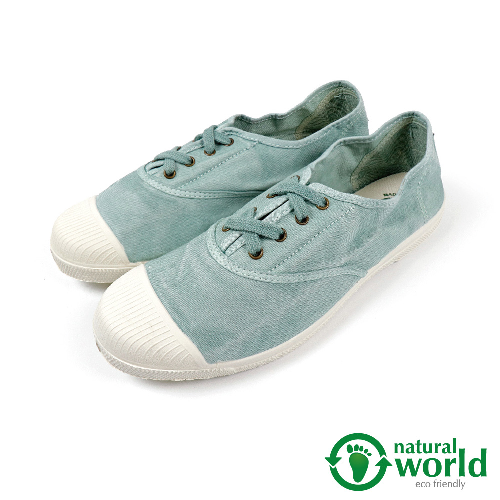 【Natural World】經典素面刷色綁帶手工帆布鞋 湖水綠(102E-LGR)