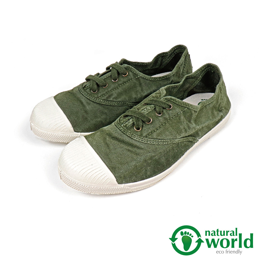 【Natural World】經典素面刷色綁帶手工帆布鞋 軍綠色(102E-DGR)