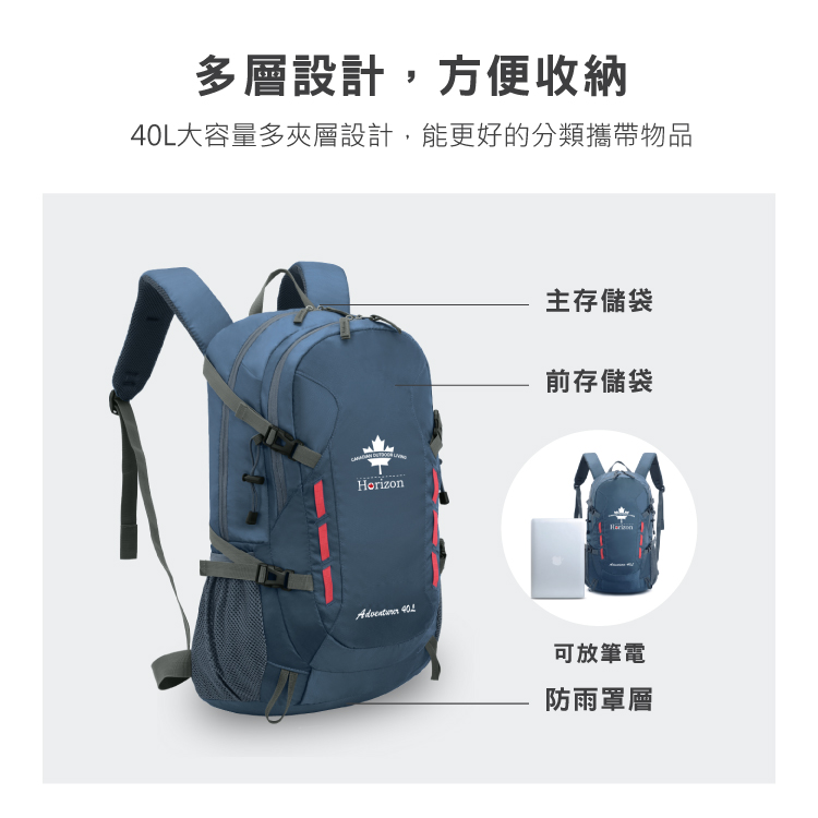 【Horizon 天際線】熱銷千件的終極版 冒險家登山後背包 Adventurer 40L｜多夾層設計登山包│肩帶減壓設計│附專屬防雨罩_5