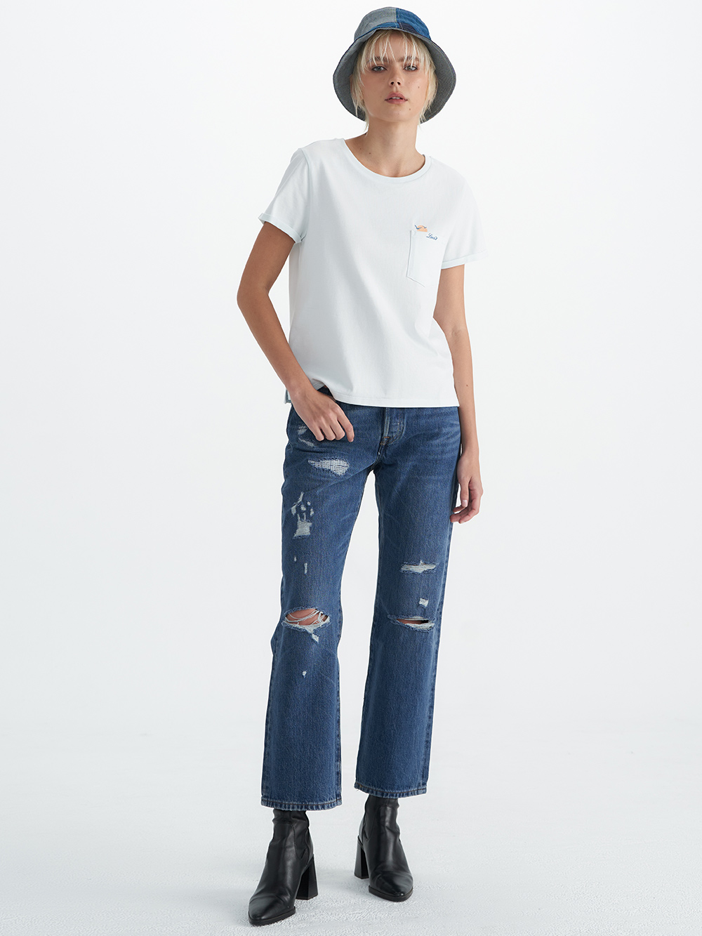 女款 501 90S高腰排釦直筒牛仔長褲 / 精工多重破壞工藝 熱賣單品