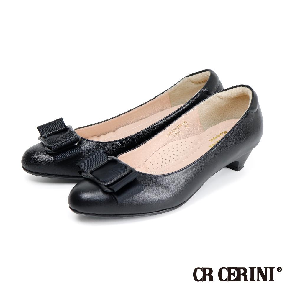 【CR CERINI】緞帶長框配飾淑女低跟鞋 黑色(CR2009W-BL)