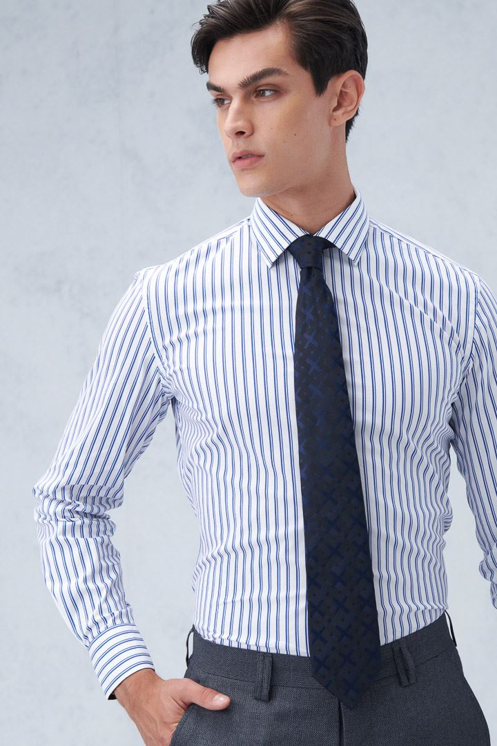 SST&C #Elastic Fit  Blue and White Wide Stripe Slim Fit Shirt | 0312209014  (Outlet)_0