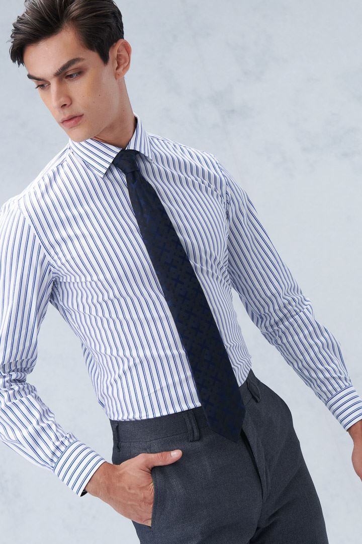 SST&C #Elastic Fit  Blue and White Wide Stripe Slim Fit Shirt | 0312209014  (Outlet)_1