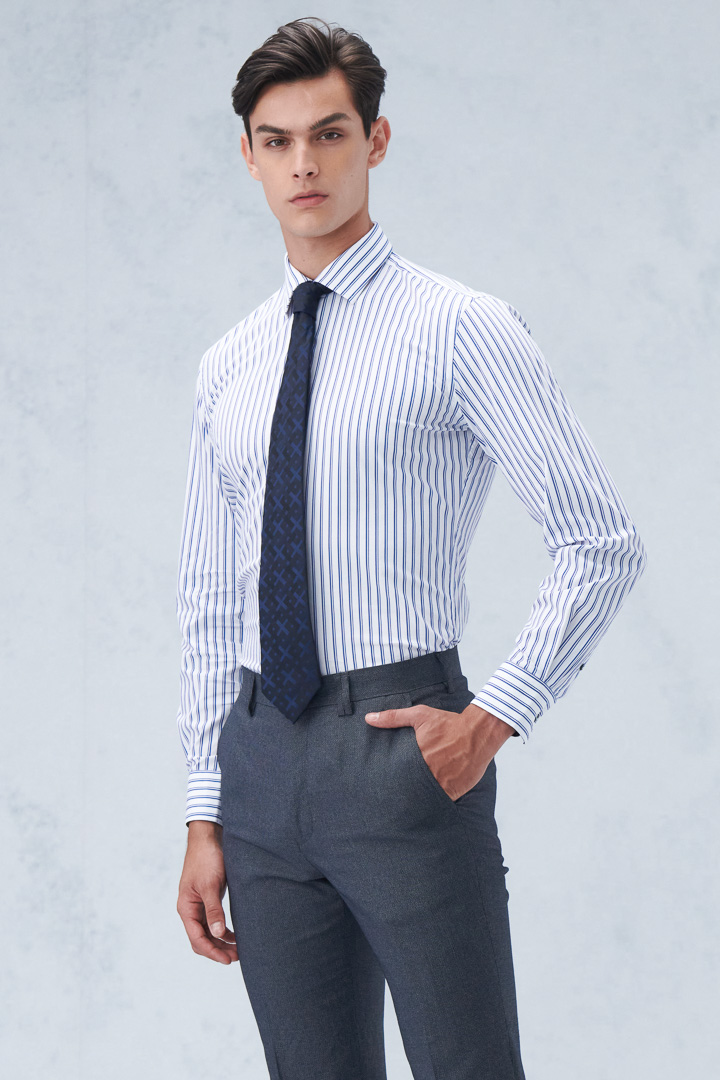SST&C #Elastic Fit  Blue and White Wide Stripe Slim Fit Shirt | 0312209014  (Outlet)_2