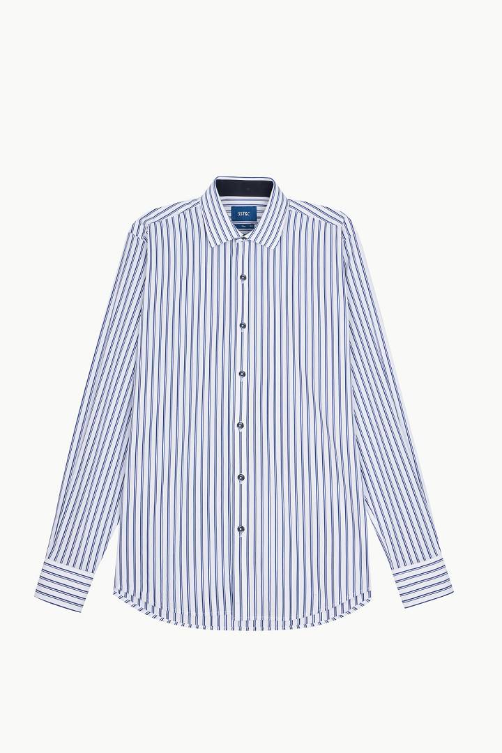 SST&C #Elastic Fit  Blue and White Wide Stripe Slim Fit Shirt | 0312209014  (Outlet)_7