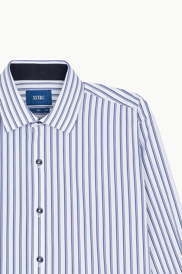 SST&C #Elastic Fit  Blue and White Wide Stripe Slim Fit Shirt | 0312209014  (Outlet)_8