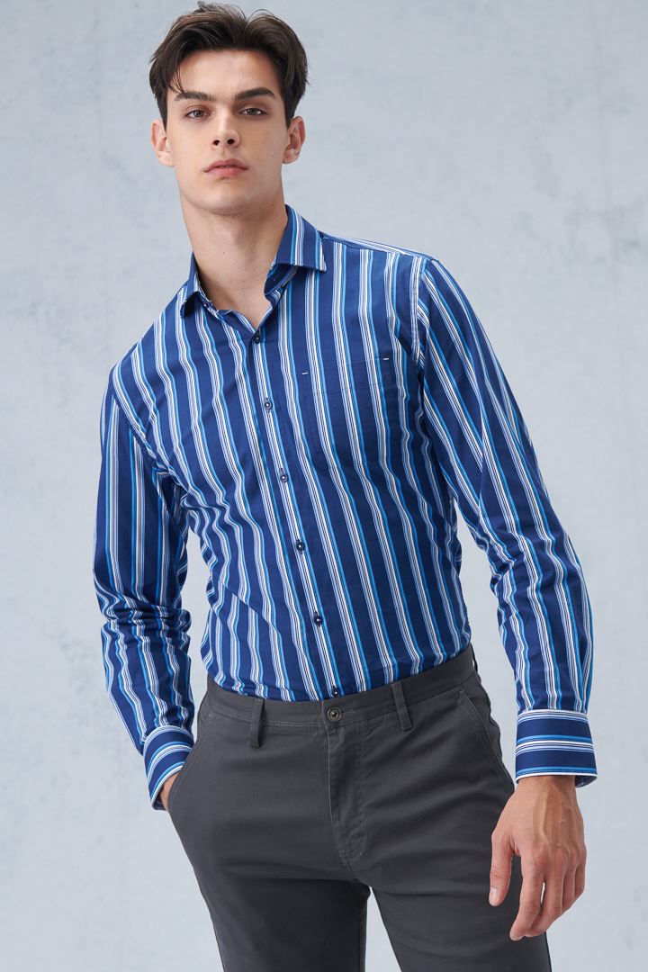 SST&C #Elastic Fit  Blue and White Striped Pattern Standard Fit Shirt | 0312209022  (Outlet)_1