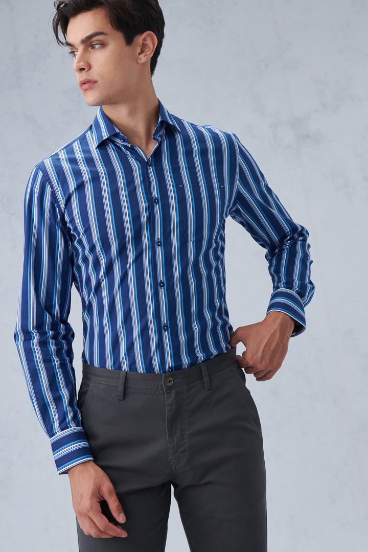 SST&C #Elastic Fit  Blue and White Striped Pattern Standard Fit Shirt | 0312209022  (Outlet)_2