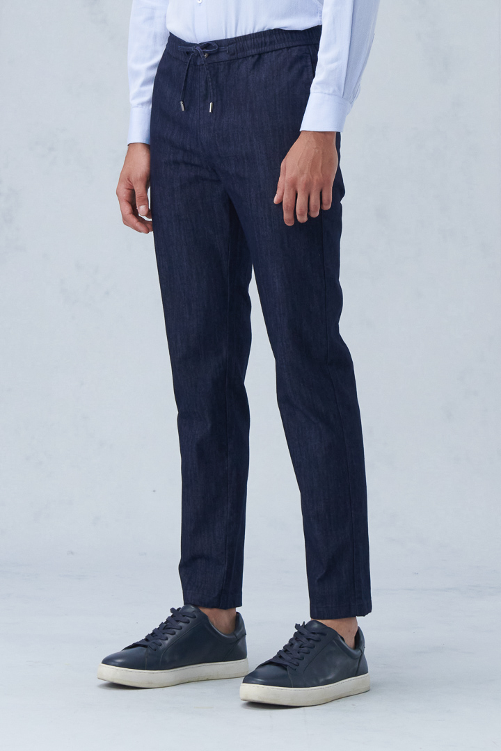 SST&C Denim Blue Elastic Strap Slim Fit Casual Trousers | 1212209001  (Outlet)_0