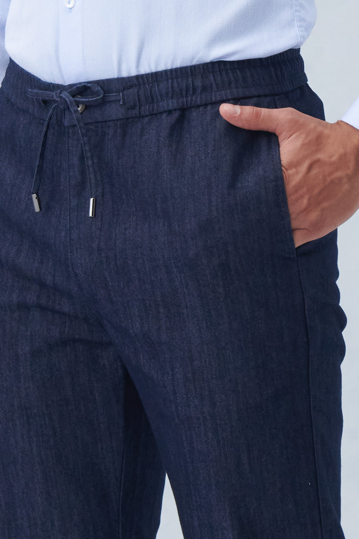 SST&C Denim Blue Elastic Strap Slim Fit Casual Trousers | 1212209001  (Outlet)_6