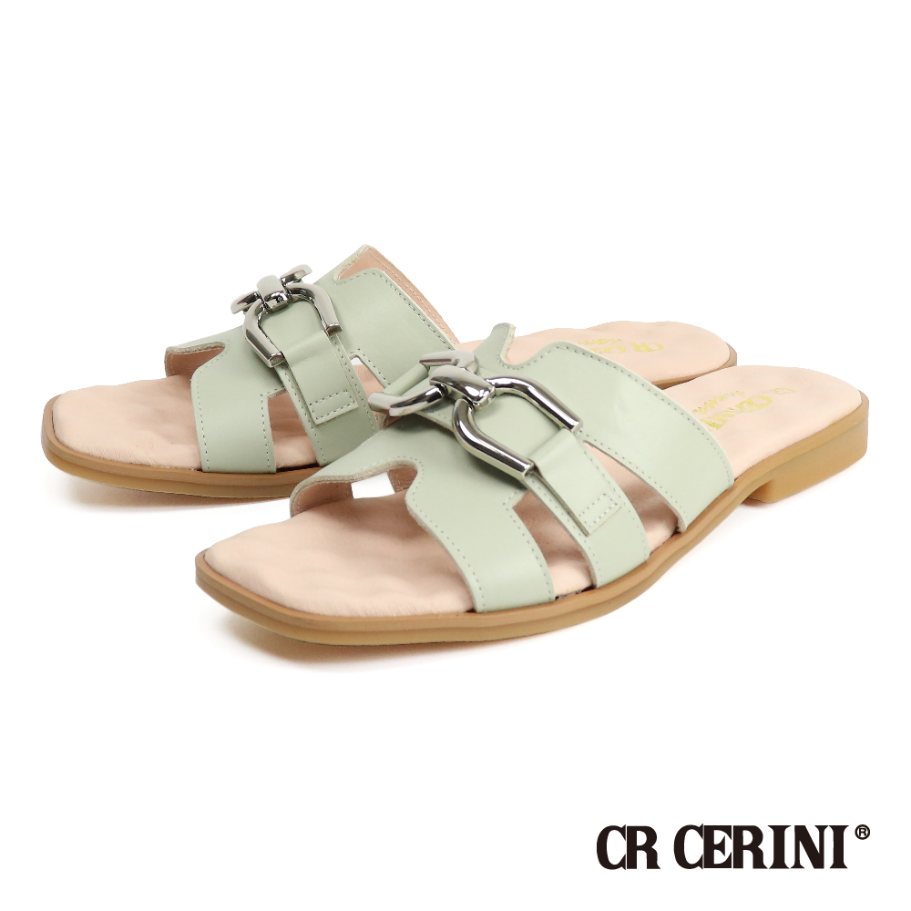 【CR CERINI】馬銜扣造型配飾真皮拖鞋 粉綠色(CR2008W-LGR)