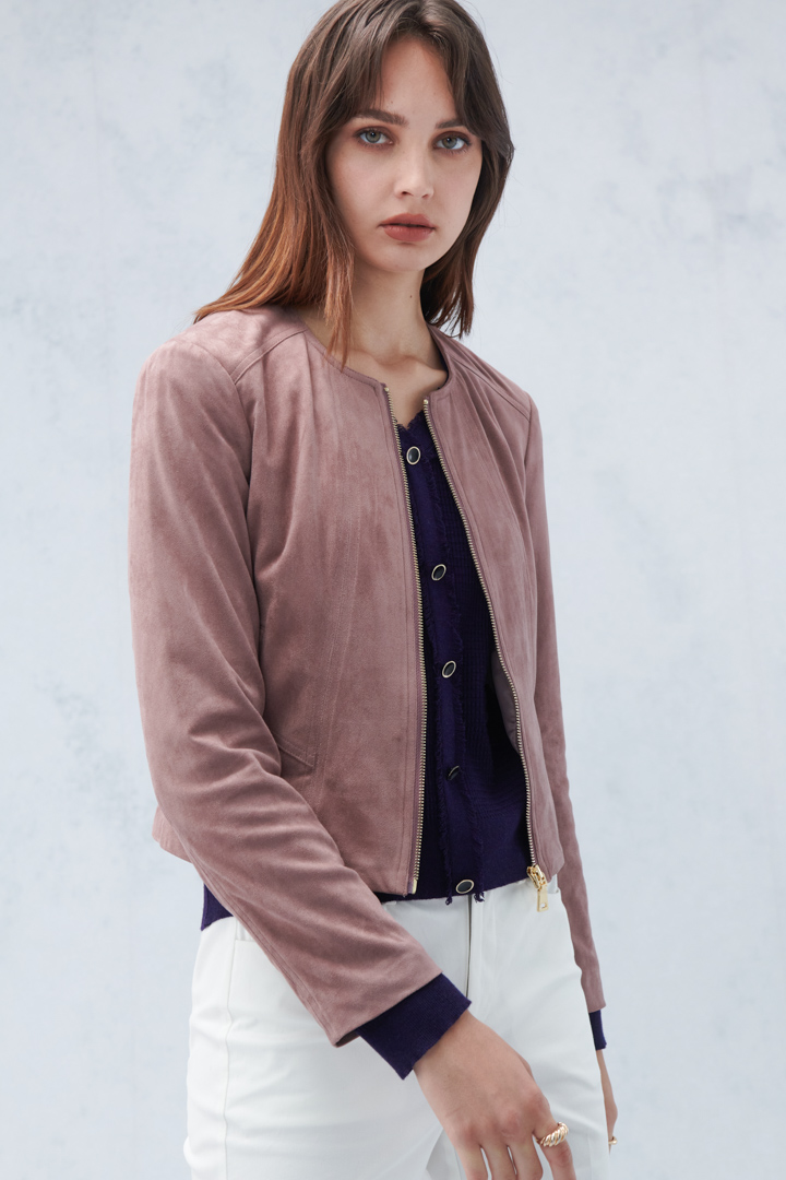 SST&C Women'S Milk Tea Suede Round Neck Short Zipper Jacket | 8162209004  (Outlet)_0
