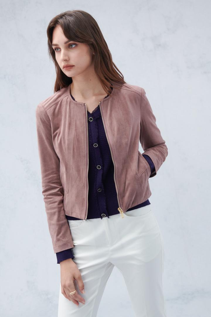 SST&C Women'S Milk Tea Suede Round Neck Short Zipper Jacket | 8162209004  (Outlet)_1