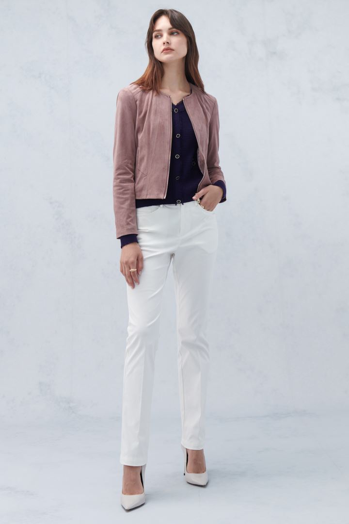SST&C Women'S Milk Tea Suede Round Neck Short Zipper Jacket | 8162209004  (Outlet)_2