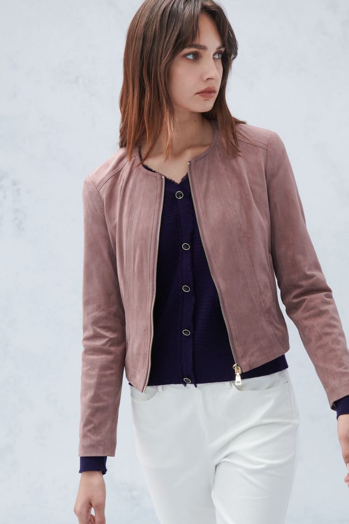 SST&C Women'S Milk Tea Suede Round Neck Short Zipper Jacket | 8162209004  (Outlet)_4