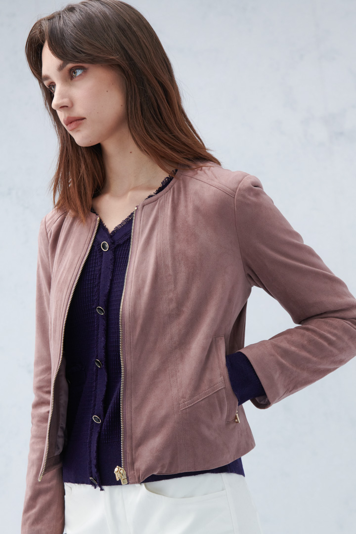 SST&C Women'S Milk Tea Suede Round Neck Short Zipper Jacket | 8162209004  (Outlet)_5