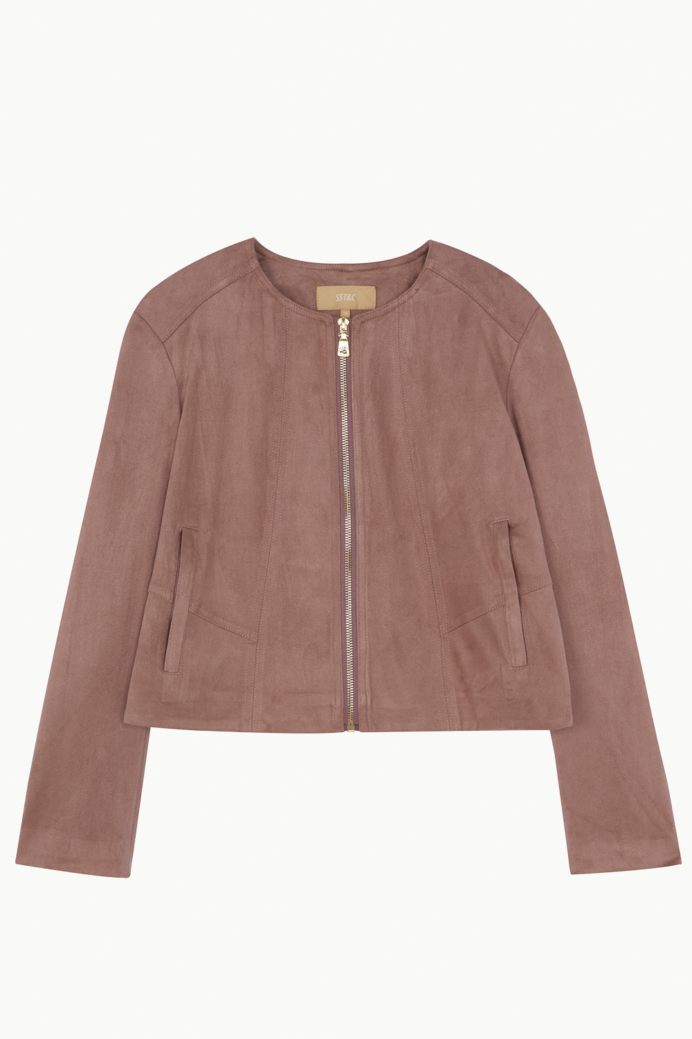 SST&C Women'S Milk Tea Suede Round Neck Short Zipper Jacket | 8162209004  (Outlet)_8