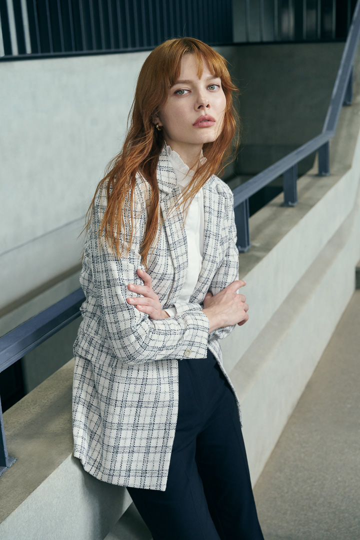 SST&C #Online Exclusive  Women'S Gray and White Check Pattern Lapel Belt Casual Jacket | 8162209005  (Outlet)_0
