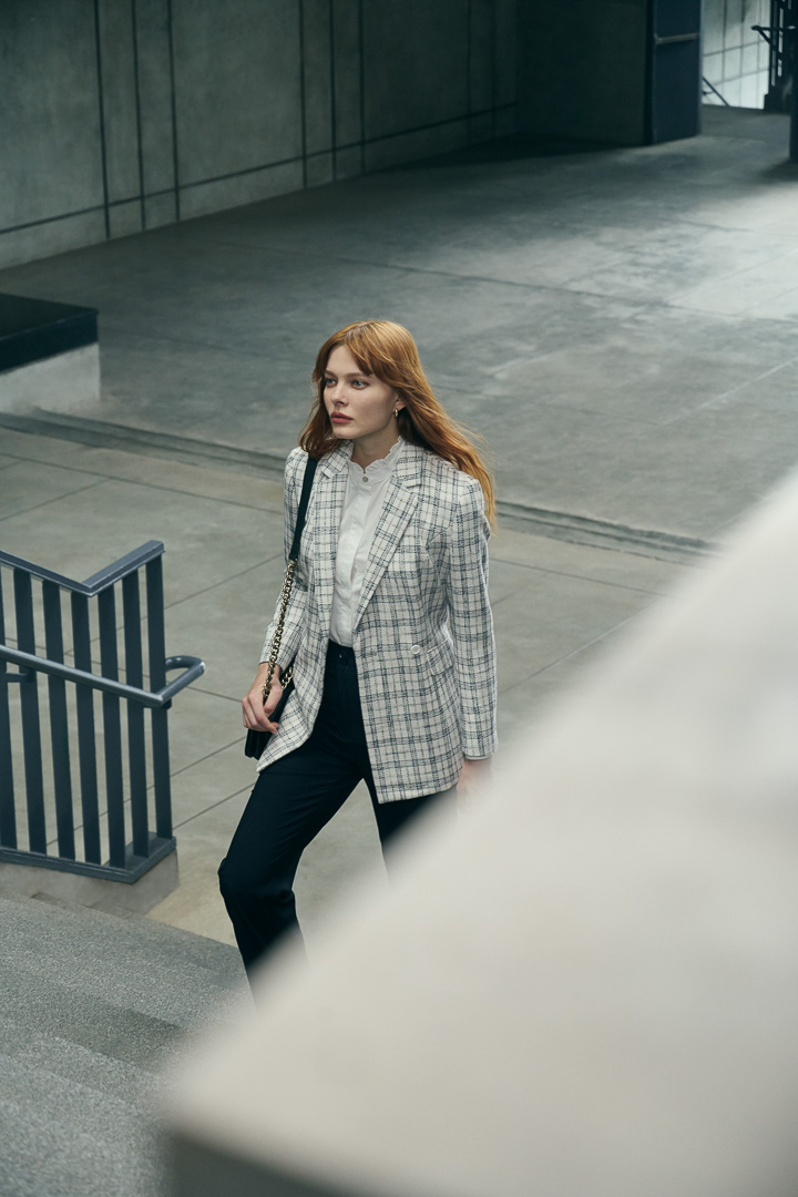 SST&C #Online Exclusive  Women'S Gray and White Check Pattern Lapel Belt Casual Jacket | 8162209005  (Outlet)_1