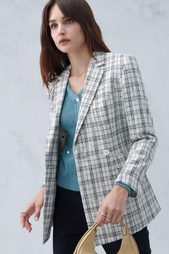 SST&C #Online Exclusive  Women'S Gray and White Check Pattern Lapel Belt Casual Jacket | 8162209005  (Outlet)_3