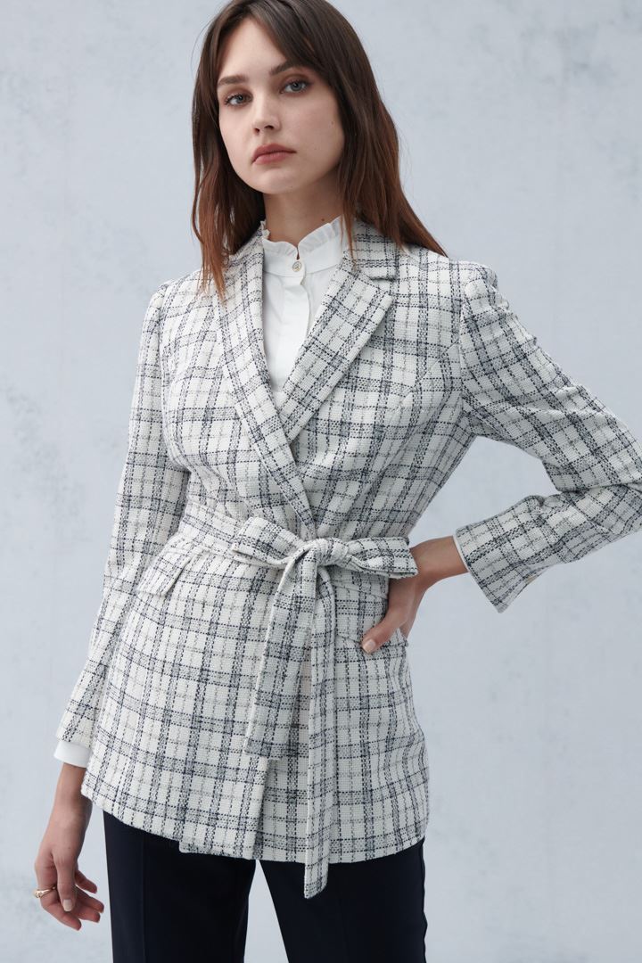 SST&C #Online Exclusive  Women'S Gray and White Check Pattern Lapel Belt Casual Jacket | 8162209005  (Outlet)_5