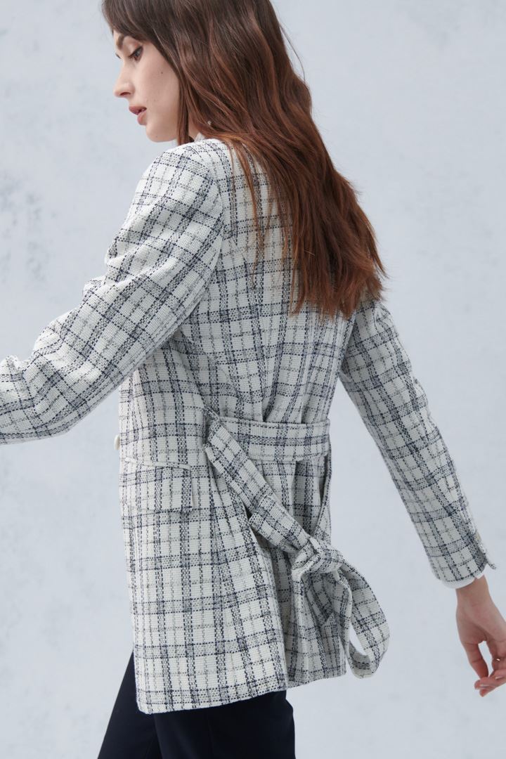 SST&C #Online Exclusive  Women'S Gray and White Check Pattern Lapel Belt Casual Jacket | 8162209005  (Outlet)_8