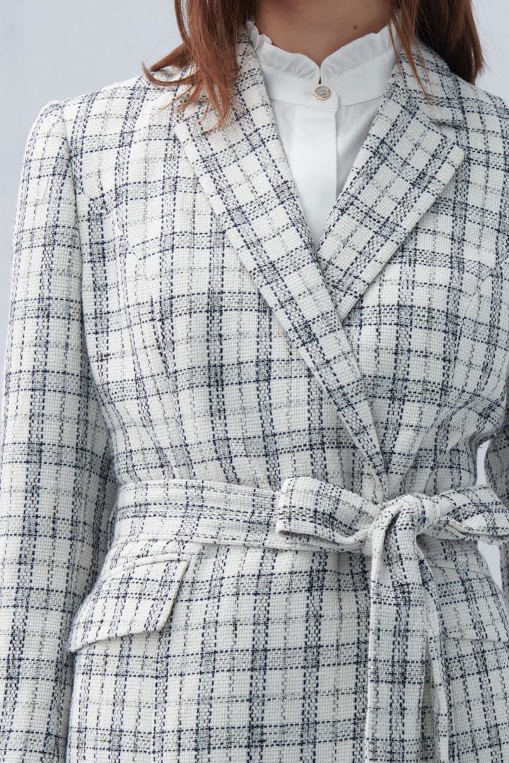 SST&C #Online Exclusive  Women'S Gray and White Check Pattern Lapel Belt Casual Jacket | 8162209005  (Outlet)_9