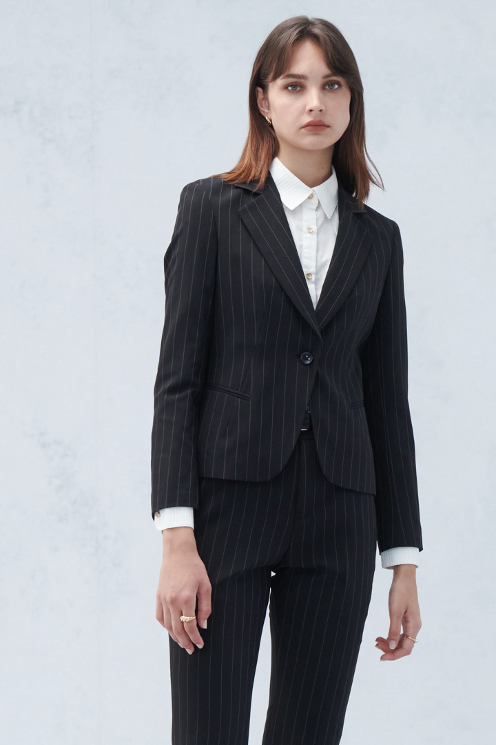 SST&C Black Striped Pattern Square Collar Suit Jacket | 7162209001  (Outlet)_4