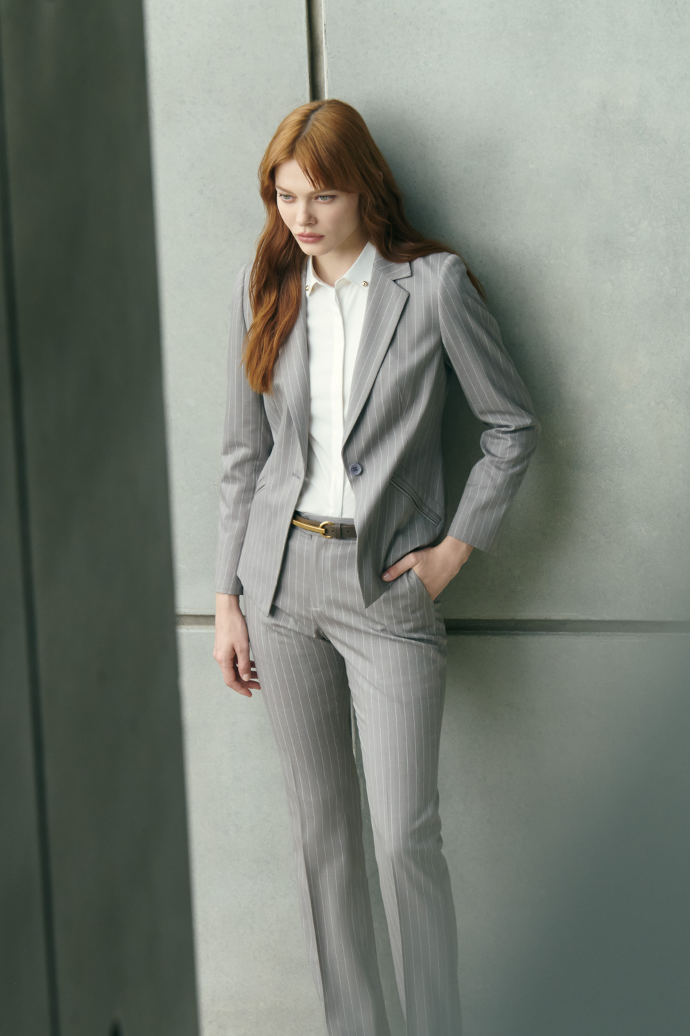 SST&C Gray Striped Pattern Square Collar Suit Jacket | 7162209002  (Outlet)_0
