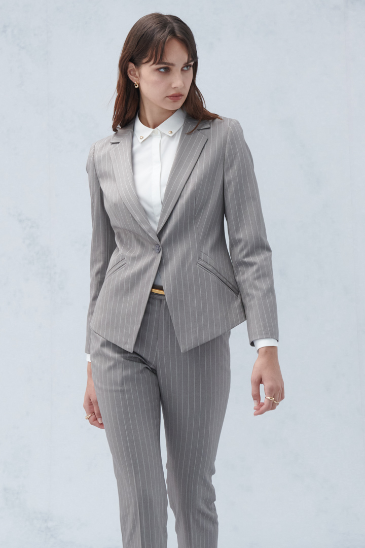 SST&C Gray Striped Pattern Square Collar Suit Jacket | 7162209002  (Outlet)_2