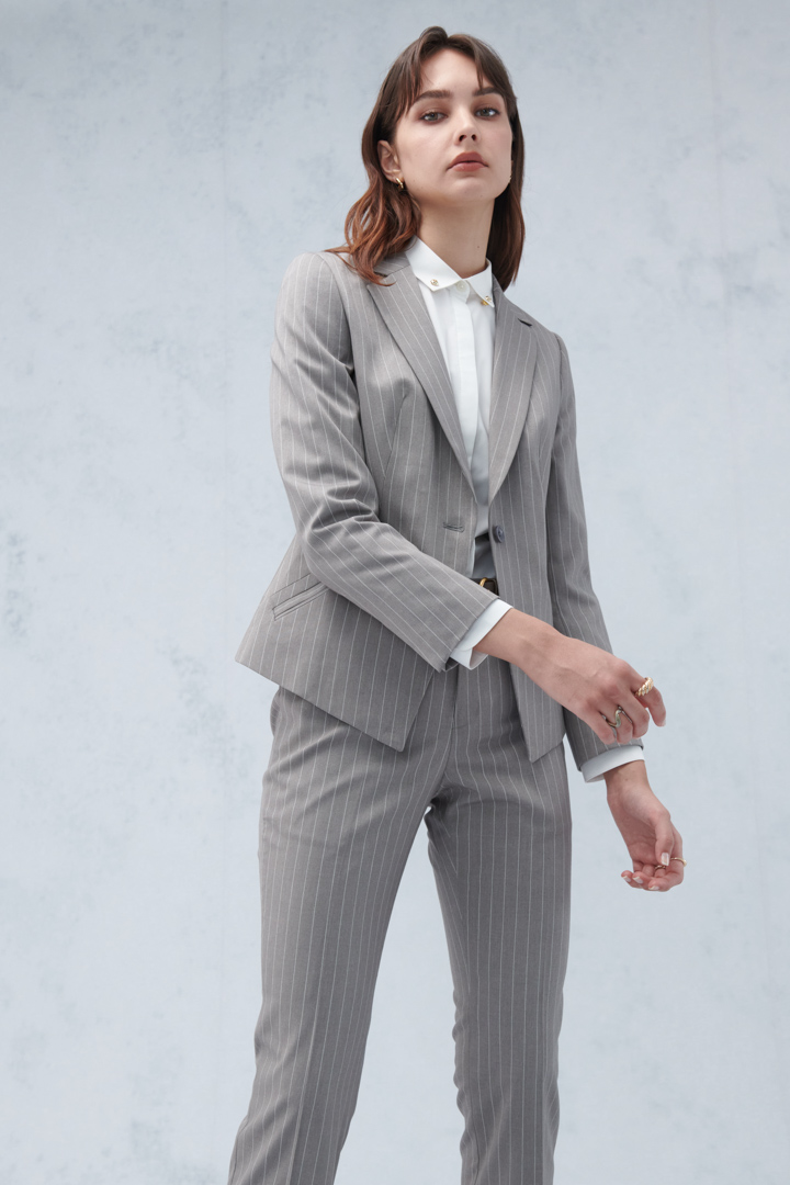 SST&C Gray Striped Pattern Square Collar Suit Jacket | 7162209002  (Outlet)_6