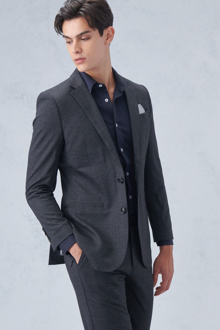 SST&C Dark Gray Striped Pattern Knitted Casual Suit Jacket | 0612210001  (Outlet)_0