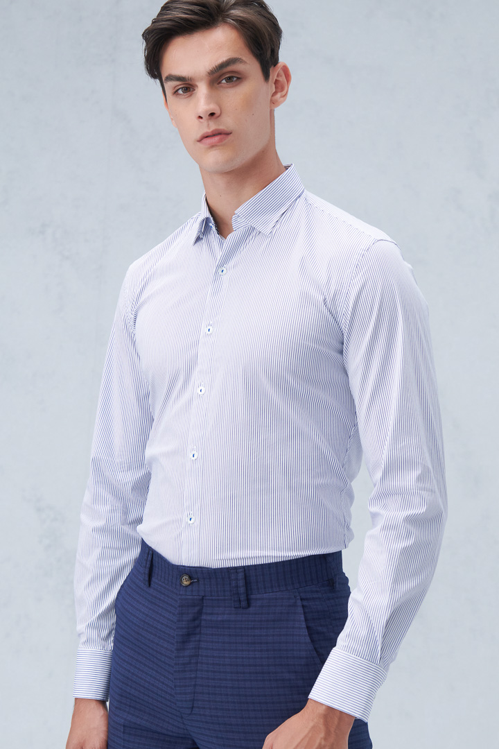 SST&C #Elastic Fit  Blue Pinstripe Pattern Slim Fit Shirt | 0312210013  (Outlet)_0