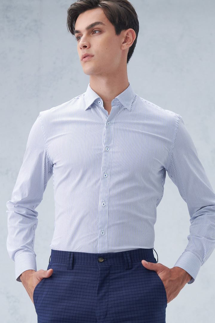 SST&C #Elastic Fit  Blue Pinstripe Pattern Slim Fit Shirt | 0312210013  (Outlet)_1