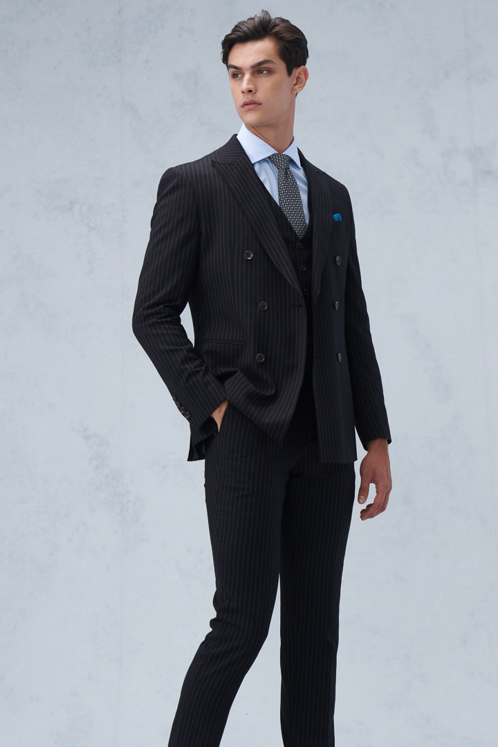 SST&C Black Straight Striped Pattern Double Breasted Slim Fit Suit Trousers | 0212210008  (Outlet)_4