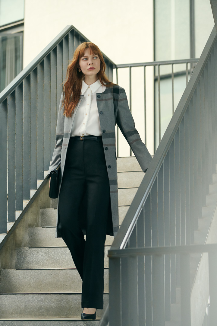 SST&C Gray Check Pattern Crew Neck Wool Blend Coat | 8162210007  (Outlet)_0