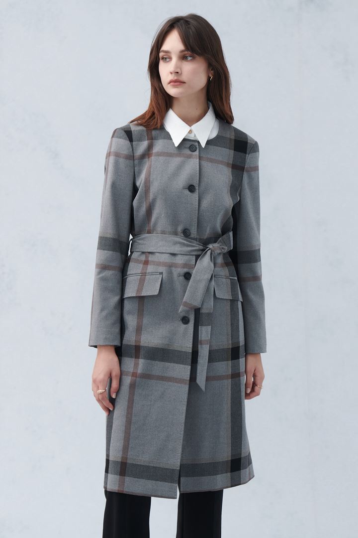 SST&C Gray Check Pattern Crew Neck Wool Blend Coat | 8162210007  (Outlet)_1