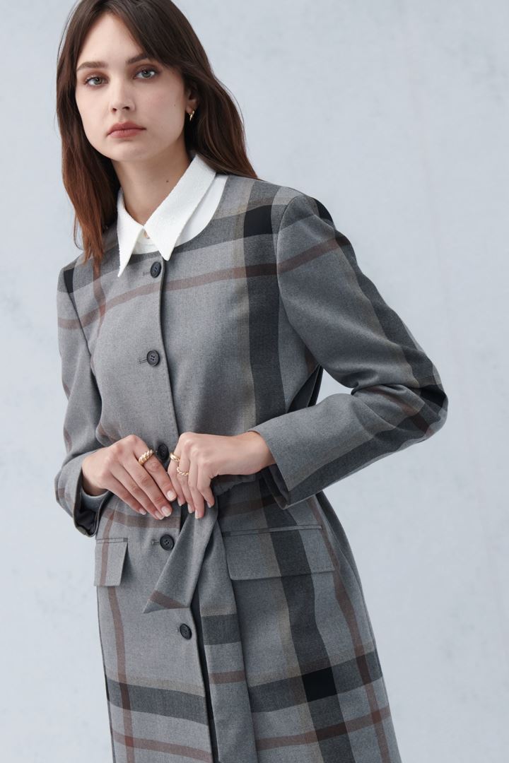 SST&C Gray Check Pattern Crew Neck Wool Blend Coat | 8162210007  (Outlet)_2