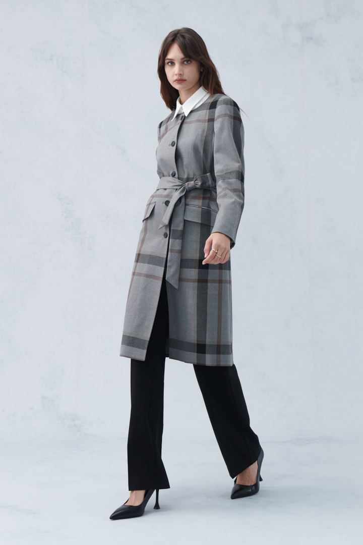 SST&C Gray Check Pattern Crew Neck Wool Blend Coat | 8162210007  (Outlet)_3