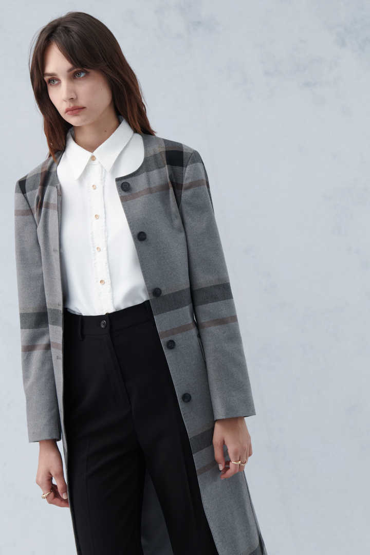 SST&C Gray Check Pattern Crew Neck Wool Blend Coat | 8162210007  (Outlet)_4