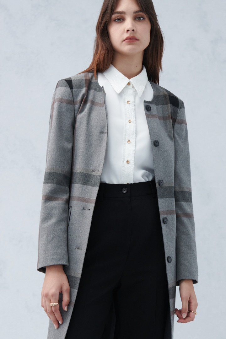 SST&C Gray Check Pattern Crew Neck Wool Blend Coat | 8162210007  (Outlet)_5