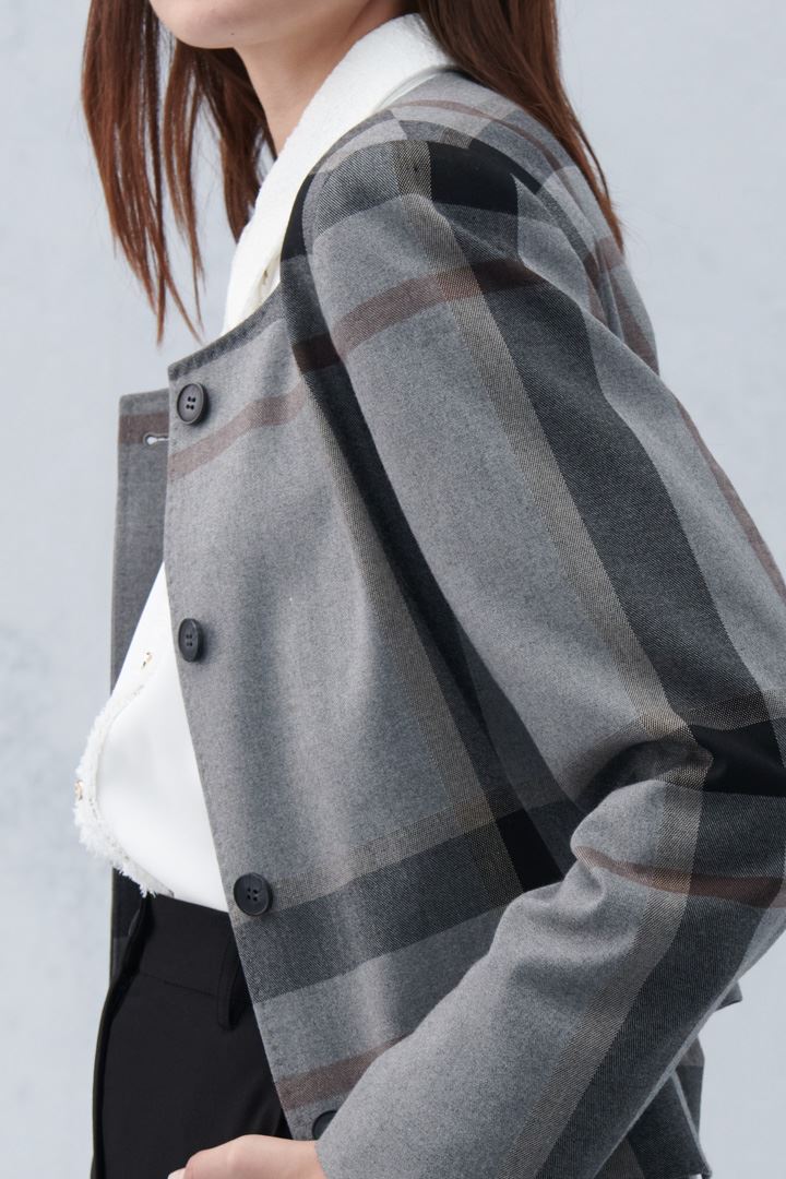 SST&C Gray Check Pattern Crew Neck Wool Blend Coat | 8162210007  (Outlet)_7