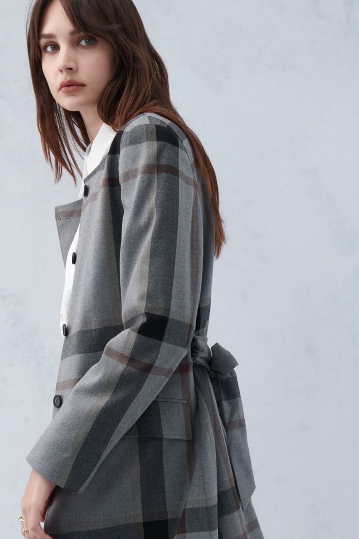 SST&C Gray Check Pattern Crew Neck Wool Blend Coat | 8162210007  (Outlet)_8