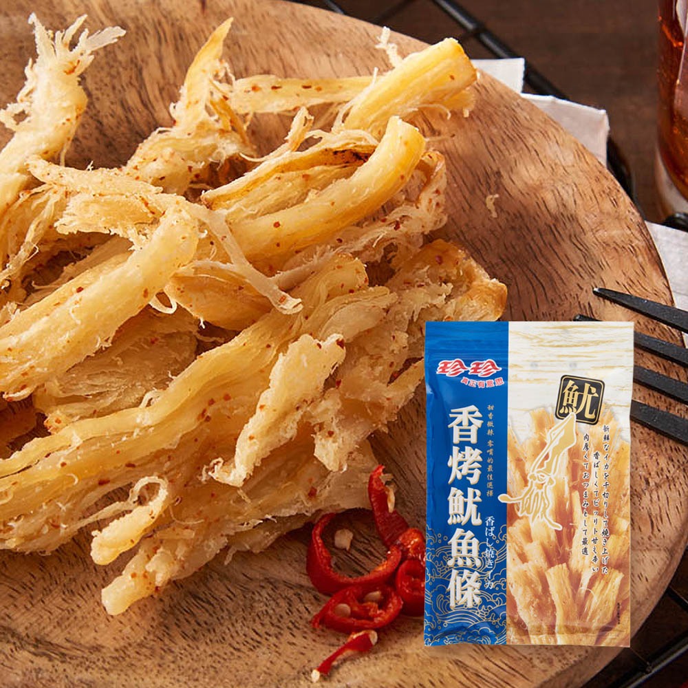 【珍珍經典海味組】魷魚絲(80g+香烤魷魚條(80g)+沖繩黑糖魷魚(75g)+鱈魚香絲(95g)+鱈香脆燒(40g)+芝麻鱈絲(120g)+鮭魚風味手燒卷(30g) + 辛鮮花枝-香蒜(28g)+天 海苔堅果脆燒(30g) (共9包)_2