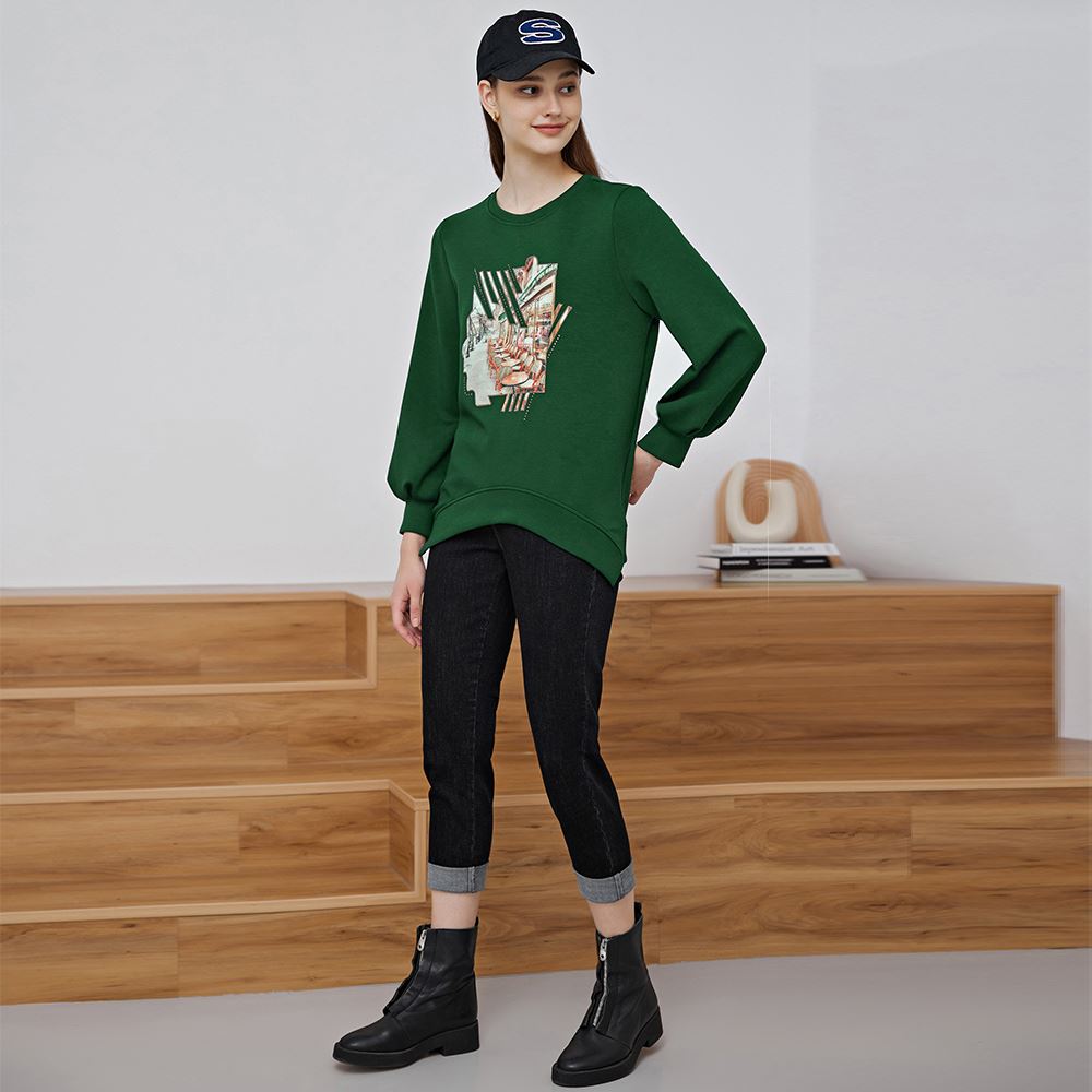 ILEY伊蕾 時髦貼布刺繡圓弧下擺彈性縲縈上衣(深綠色；M-XL)1223061204_1