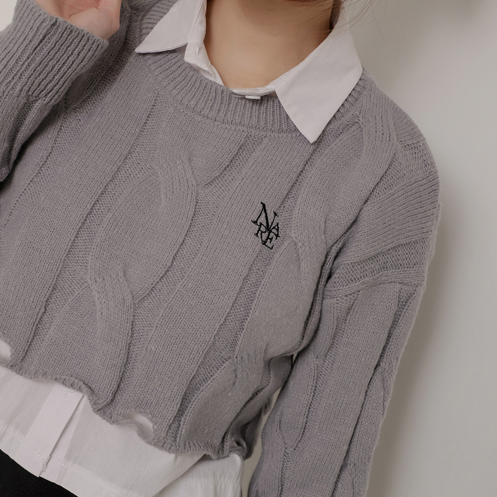 刺繡麻花短版毛衣-灰【KT222795】_1