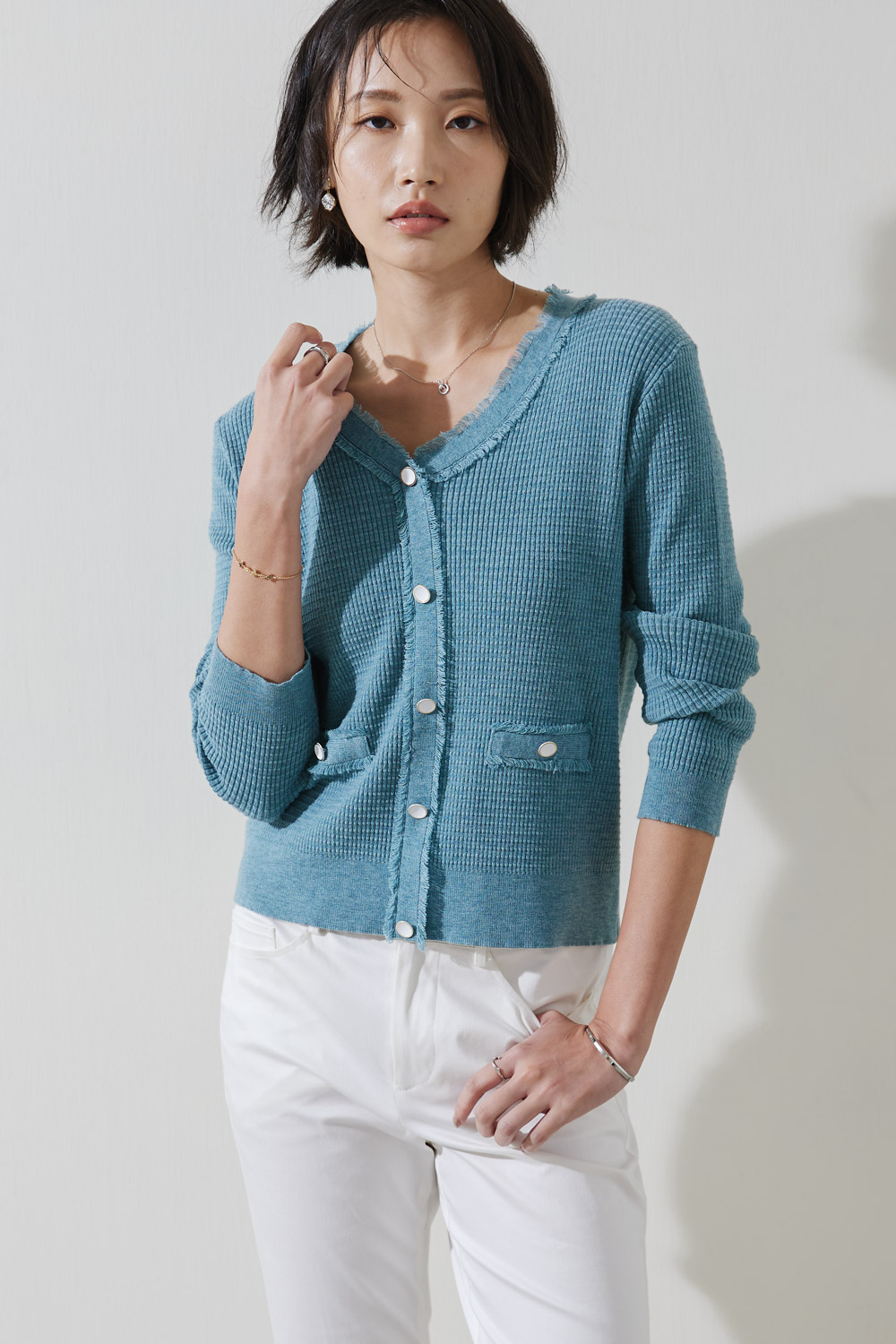 SST&C #Online Exclusive  Women'S Diamond Green V-Neck Raw Edge Sweater | 8662210002  (Outlet)_5