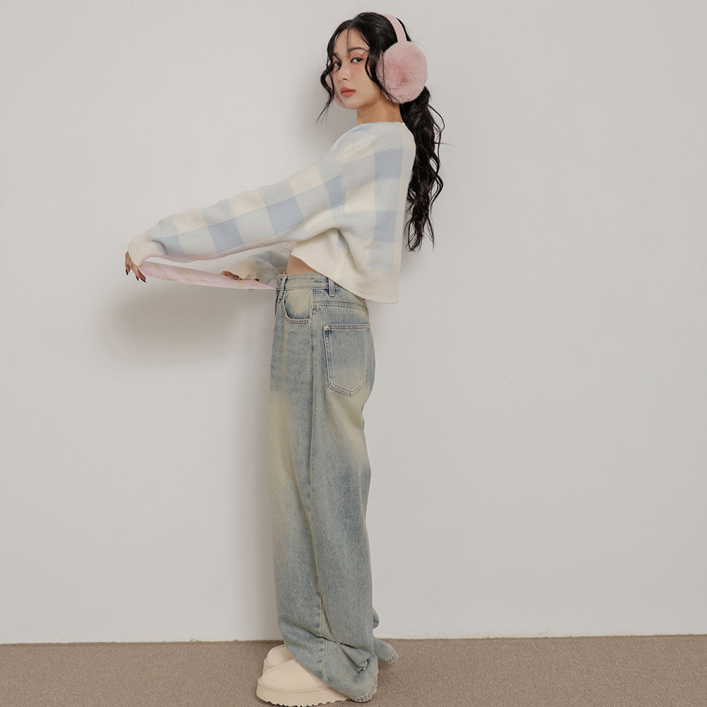 甜美格紋短版毛衣-藍【KT222809】_3